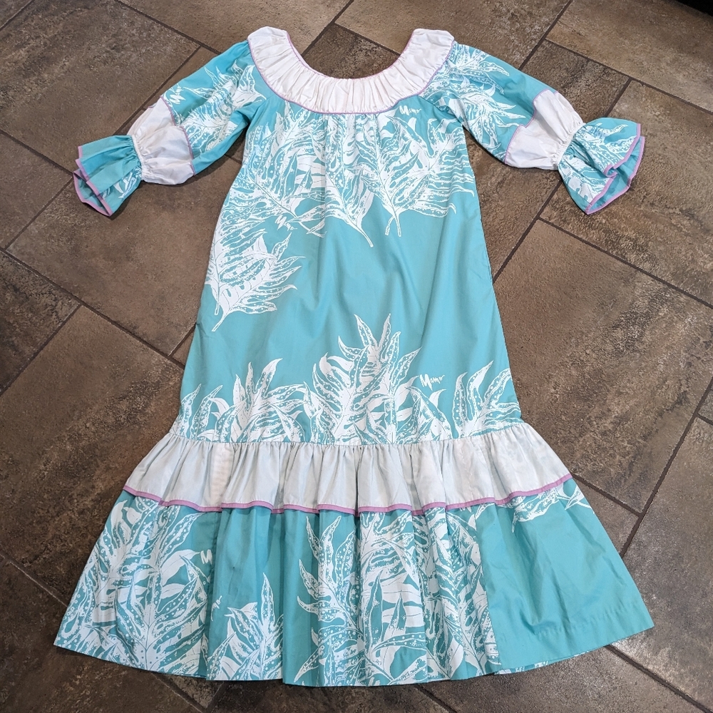 Vintage Mamo Howell Muu Muu Tropical Whimsical Maxi Dress Chic Size 8 Aqua Blue